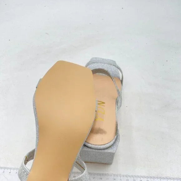 YDN Silver Glitter Open Square Toe Mules Block Heel Double Straps Sandals - Picture 6 of 8